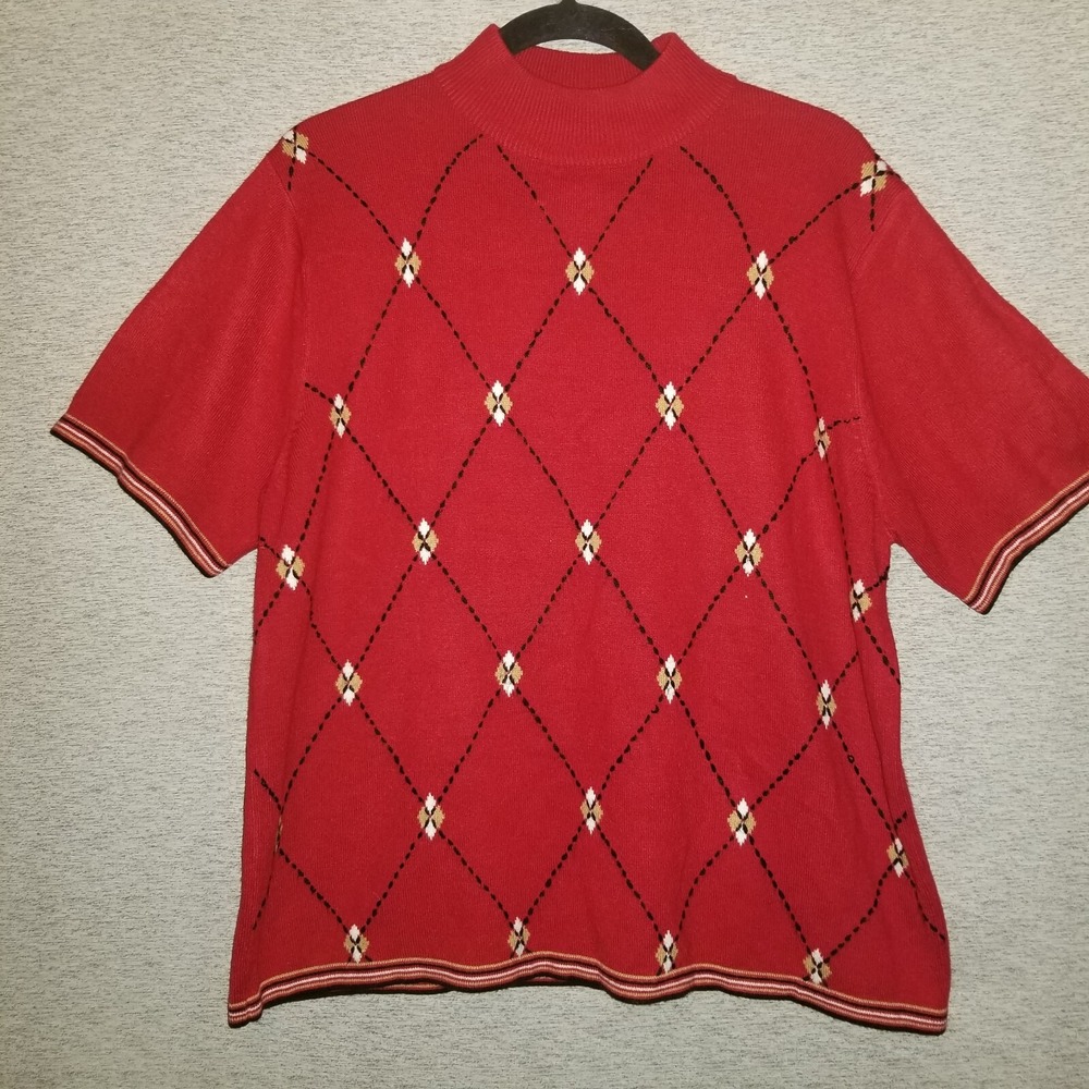 Sag Harbor Mock Neck Sweater XL Short Sleeve‎ Red Argyle Diamond Acrylic Knit